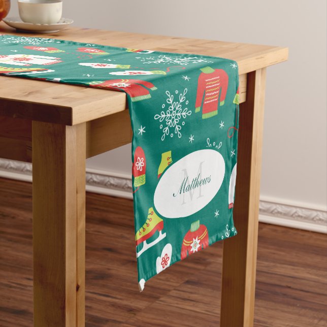 Snowflakes Teal Monogram Pattern Christmas Party Long Table Runner (In Situ)