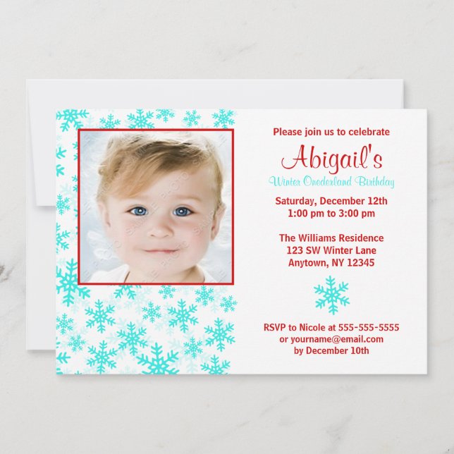 Snowflakes Teal Red Winter Onederland Birthday Invitation (Front)