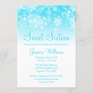 Snowflakes Teal White Winter Wonderland Sweet 16 Invitation