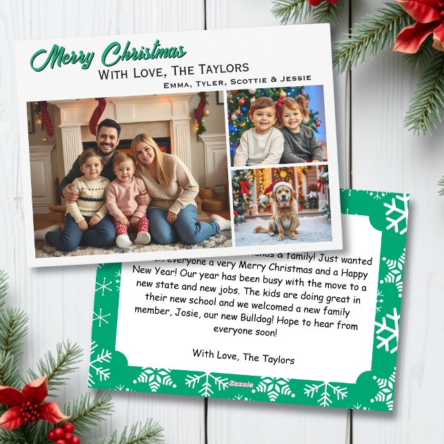 Snowflakes Three Family Photos Christmas Holiday Card (Creator Uploaded)