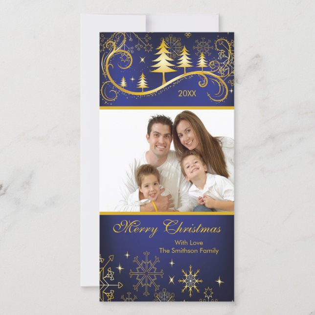 Snowflakes & Trees Merry Christmas Family Photo Holiday Card (Front)