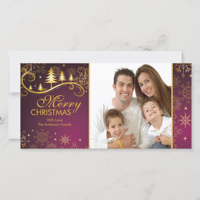 Snowflakes & Trees Merry Christmas Family Photo Holiday Card (Front)