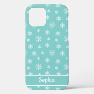 Snowflakes Turquoise pattern personalised name iPhone 12 Case