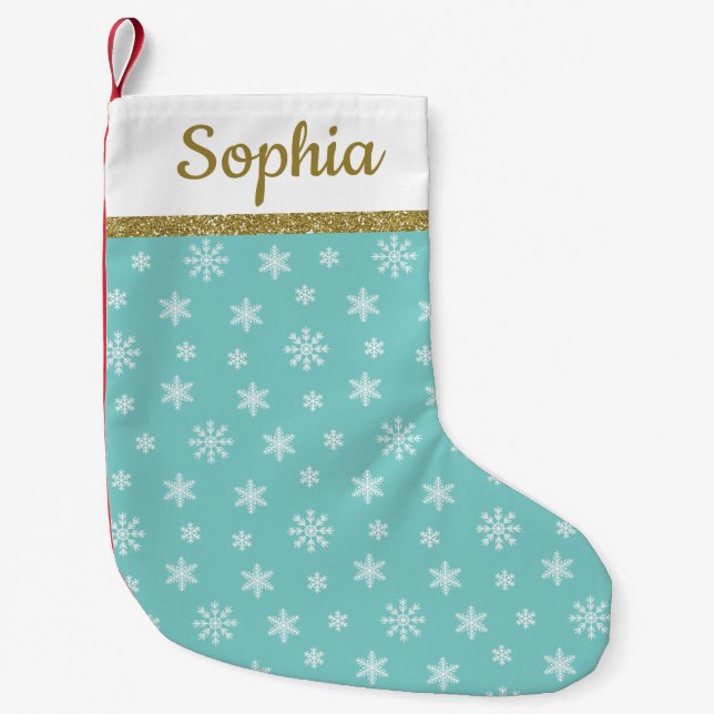 Snowflakes Turquoise pattern personalised name Small Christmas Stocking (Front)