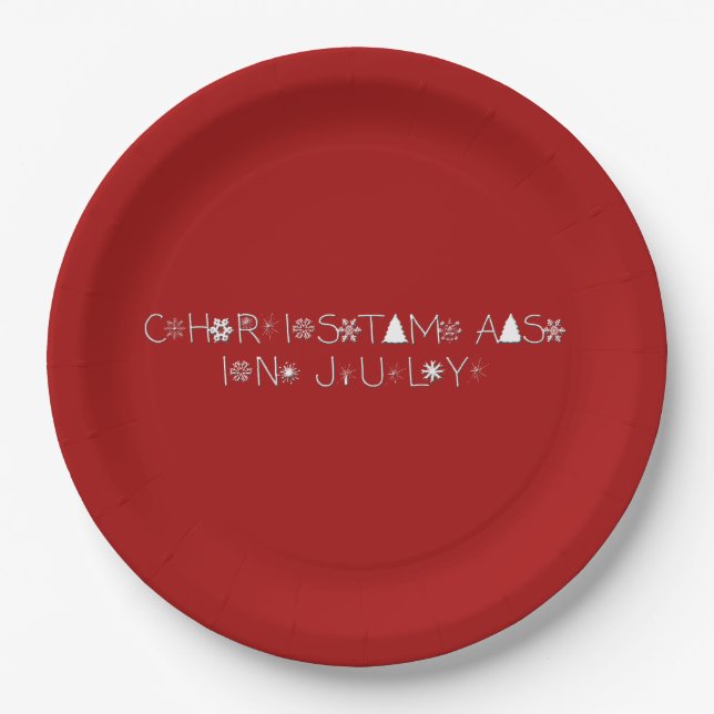 Snowflakes Typography Christmas in July Red Paper Plate (Front)