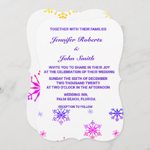 Snowflakes Unique Colourful Patterns White Wedding Invitation