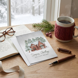 Snowflakes Watercolor Scandi Christmas Pine Trees Holiday Card