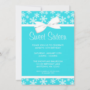 Snowflakes White Bow Winter Wonderland Sweet 16 Invitation