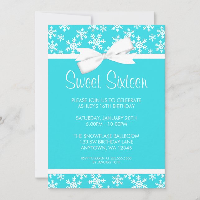 Snowflakes White Bow Winter Wonderland Sweet 16 Invitation (Front)