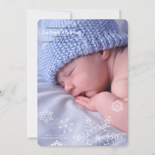 Snowflakes Winter Baby Photo Birth Announcement (Front)