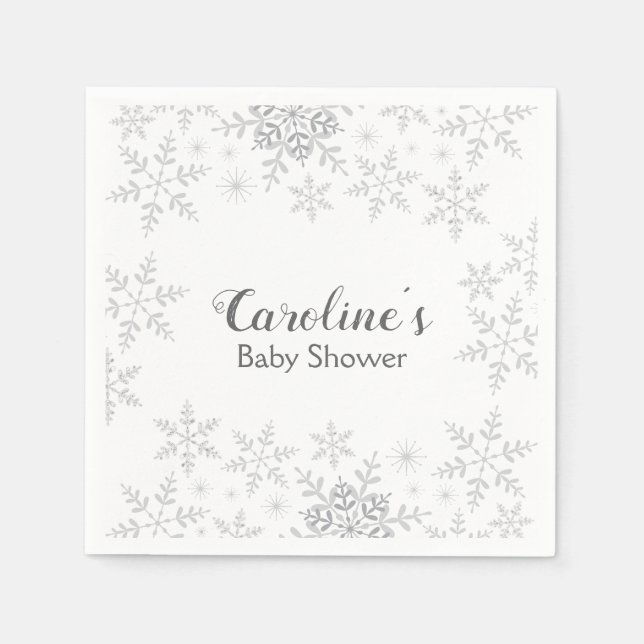 Snowflakes Winter Baby Shower Grey Silver Glitter Napkin (Front)