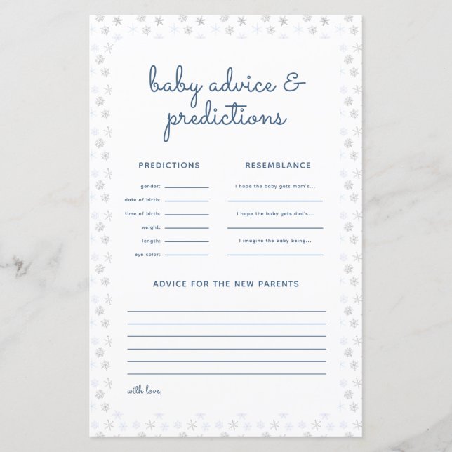 Snowflakes Winter Baby Shower Predictions Card (Front)