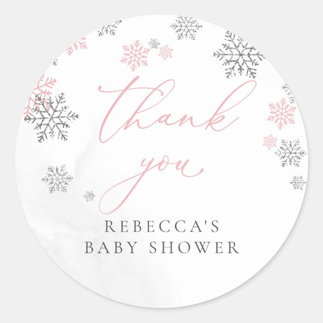 Snowflakes Winter Girl Baby Shower Thank You Classic Round Sticker (Front)