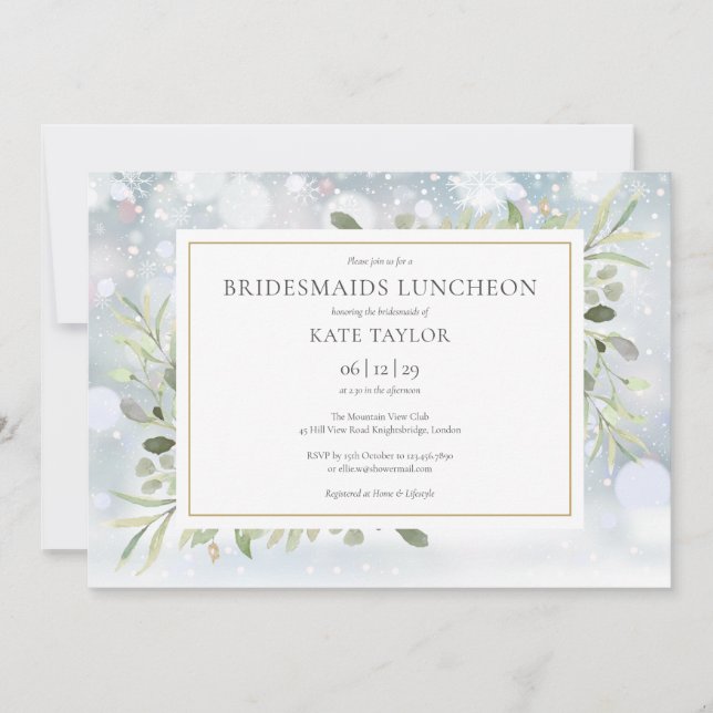 Snowflakes Winter Greenery Bridesmaids Luncheon Invitation (Front)