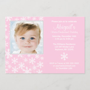 Snowflakes Winter Onederland Pink Photo Birthday Invitation