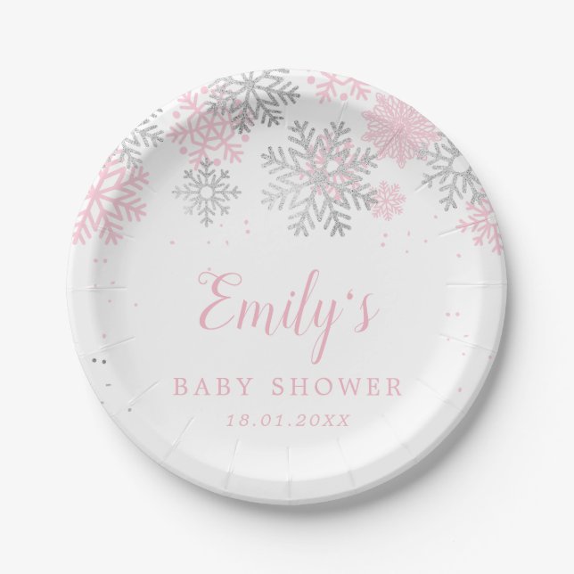 Snowflakes Winter Pink And Silver Girl Baby Shower Paper Plate (Front)