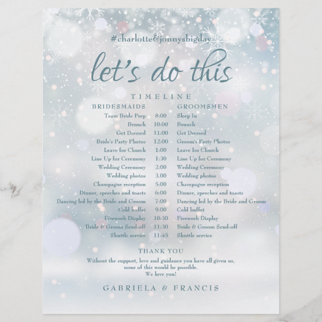 Snowflakes Winter Wedding Schedule Timeline (Front)