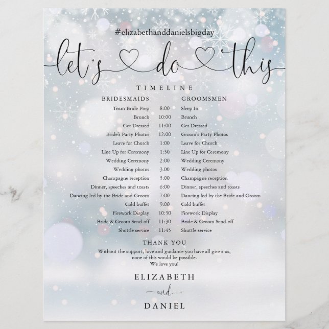 Snowflakes Winter Wedding Schedule Timeline (Front)