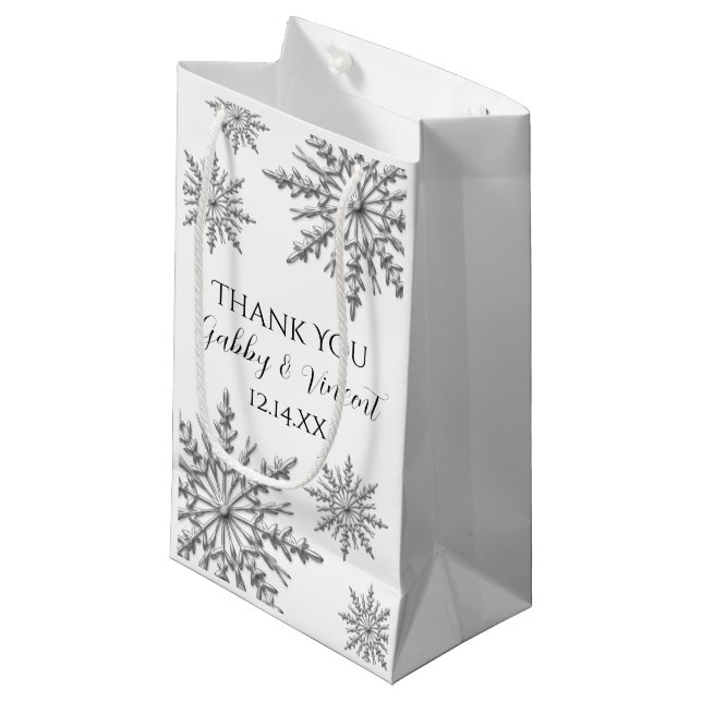 Snowflakes Winter Wedding Thank You Small Gift Bag (Front Angled)