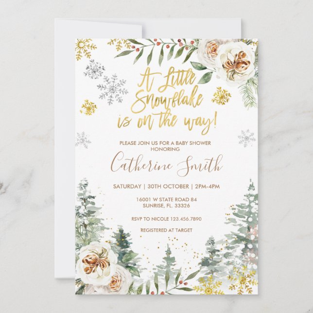 Snowflakes Winter White Floral  Baby Shower  Invitation (Front)