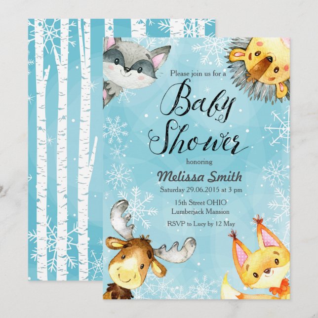 Snowflakes Winter Woodland Baby Shower Invitations (Front/Back)