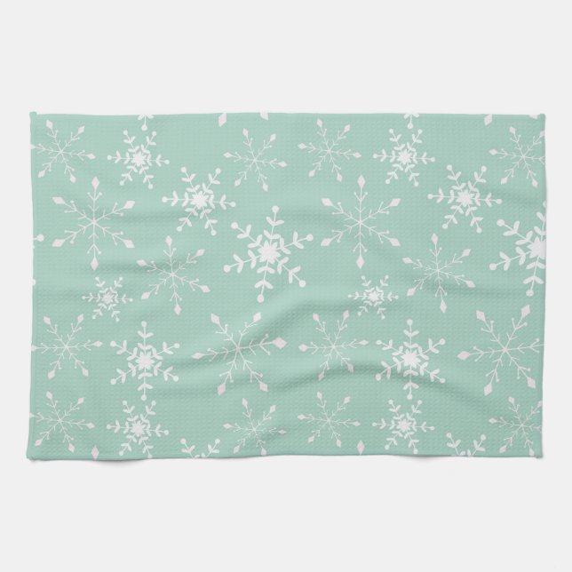 Snowflakes with a background of green Kitchen Tea Towel (Horizontal)