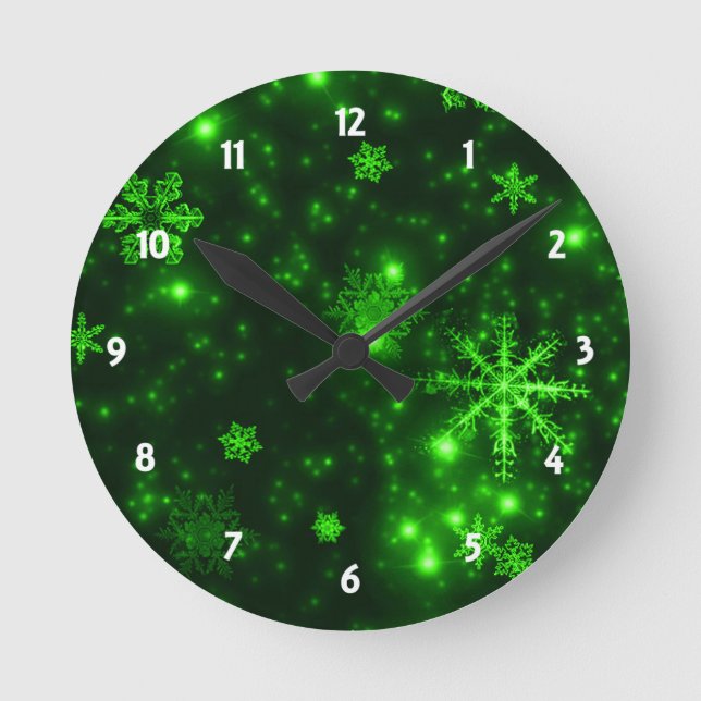 Snowflakes with Green Background Round Clock (Front)