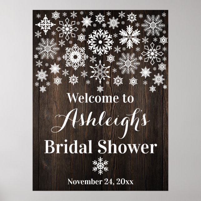 Snowflakes, Wood Bridal Shower Welcome Poster (Front)