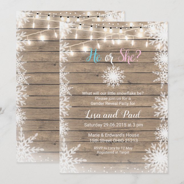 Snowflakes wood gender reveal invitation (Front/Back)