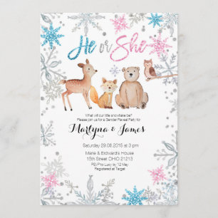 Snowflakes Woodland gender reveal invitation