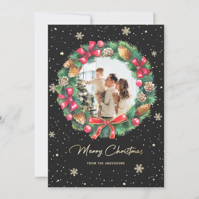 Snowflakes Wreath Gold Black Photo Christmas Holiday Card (Front)