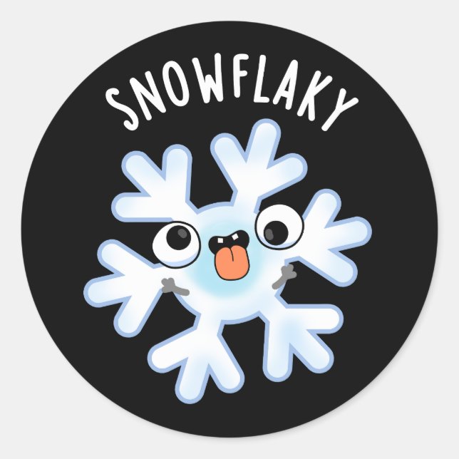 Snowflaky Funny Snow Flake Pun Dark BG Classic Round Sticker (Front)