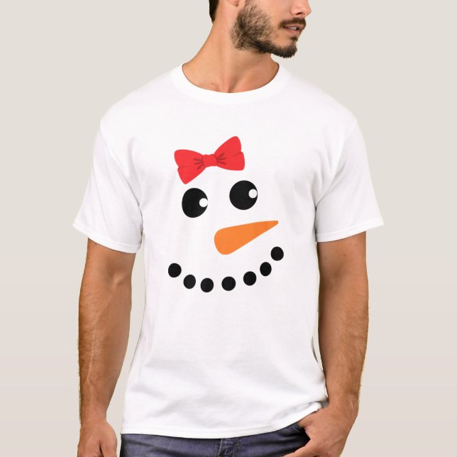 Snowgirl Costume Red Bow Girl Snowman Face Matchin T-Shirt (Front)