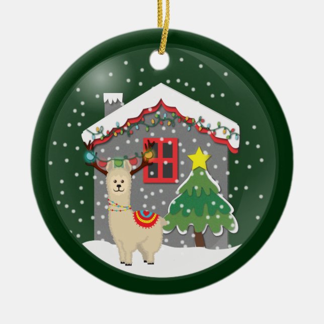 Snowglobe Christmas Llama Ceramic Tree Decoration (Front)