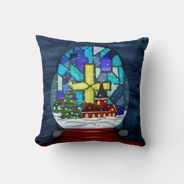 Snowglobe Whimsey Catholic Holiday Cushion (Front)