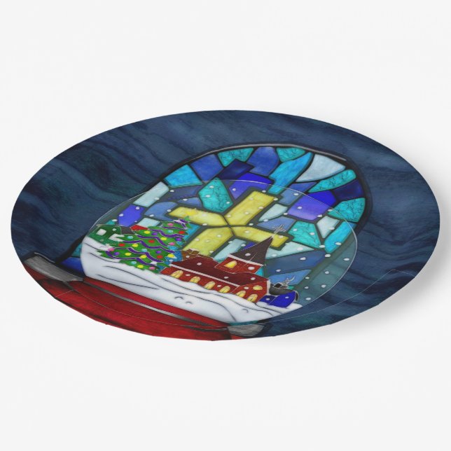 Snowglobe Whimsey Catholic Holiday Paper Plate (Angled)