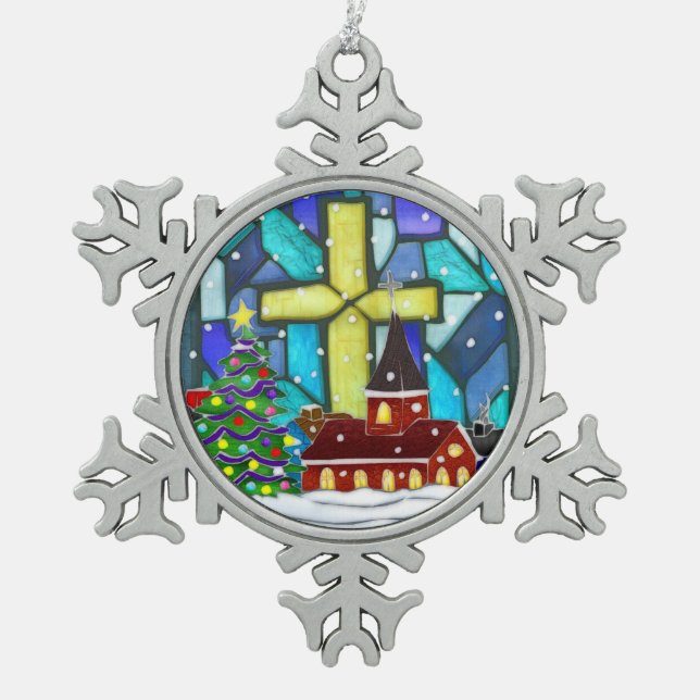 Snowglobe Whimsey Catholic Holiday Snowflake Pewter Christmas Ornament (Front)