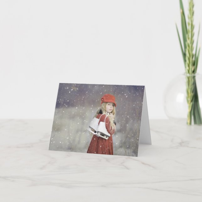 Snowing Girl with Ice Skates Christmas Holiday Card (Front)