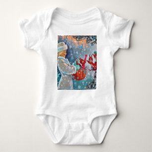 Snowing Winter Christmas Cute Girl with Squirrels Baby Bodysuit