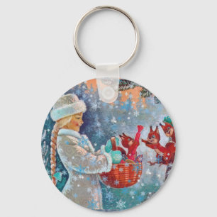 Snowing Winter Christmas Cute Girl with Squirrels Key Ring
