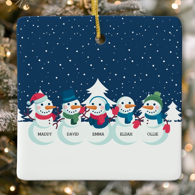 Snowman 5 Person Family Personalised Christmas Ceramic Ornament (Creator Uploaded)