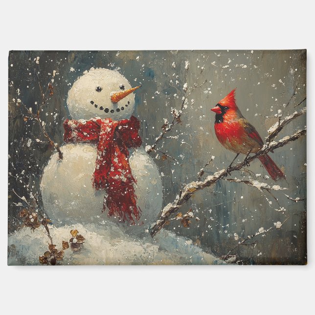 Snowman and a Cardinal Oil Painting Magnet (Front)