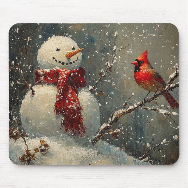 Snowman and a Cardinal Oil Painting Mouse Mat (Front)