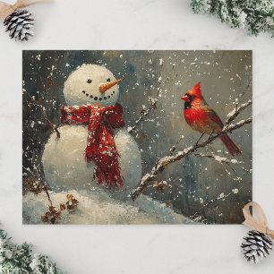 Snowman and a Cardinal Oil Painting Postcard