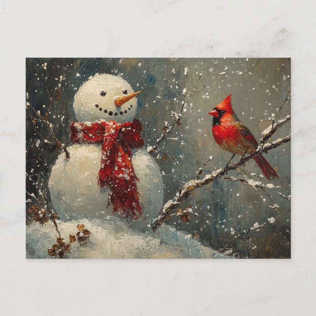 Snowman and a Cardinal Oil Painting Postcard (Front)