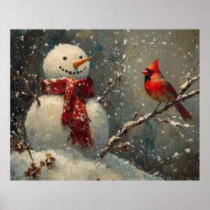 Snowman and a Cardinal Oil Painting Poster