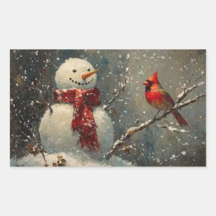 Snowman and a Cardinal Oil Painting Rectangular Sticker