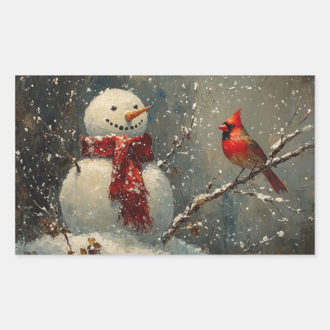 Snowman and a Cardinal Oil Painting Rectangular Sticker (Front)