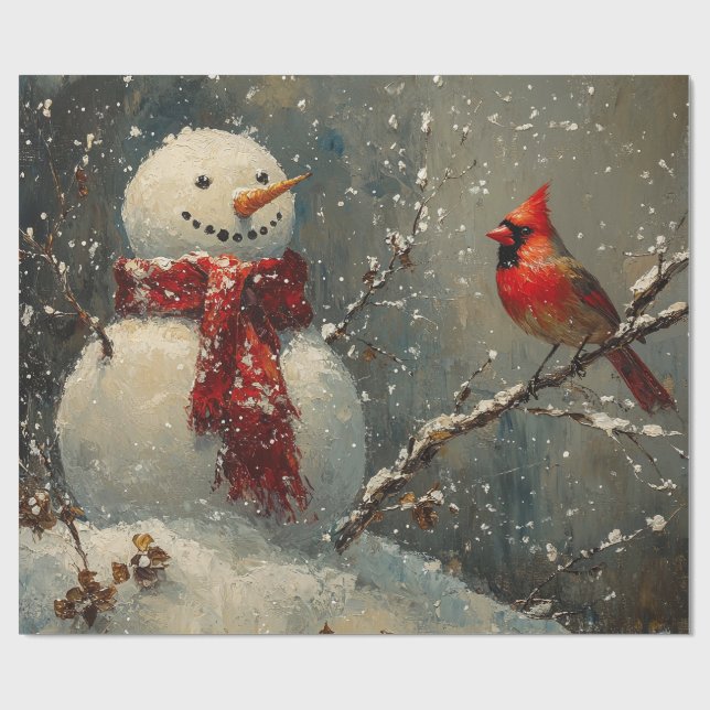 Snowman and a Cardinal Oil Painting Wrapping Paper (Flat)