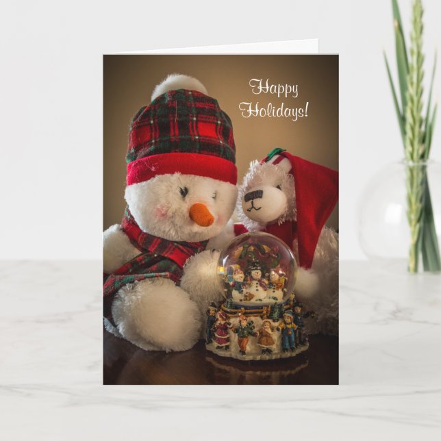 Snowman and Bear with Snowglobe Holiday Card (Front)